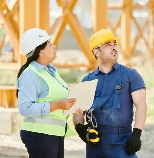 Profissionais de segurança do trabalho de capacete e colete em vistoria com prancheta
